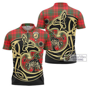 MacAulay Modern Tartan Zipper Polo Shirt with Family Crest Celtic Wolf Style