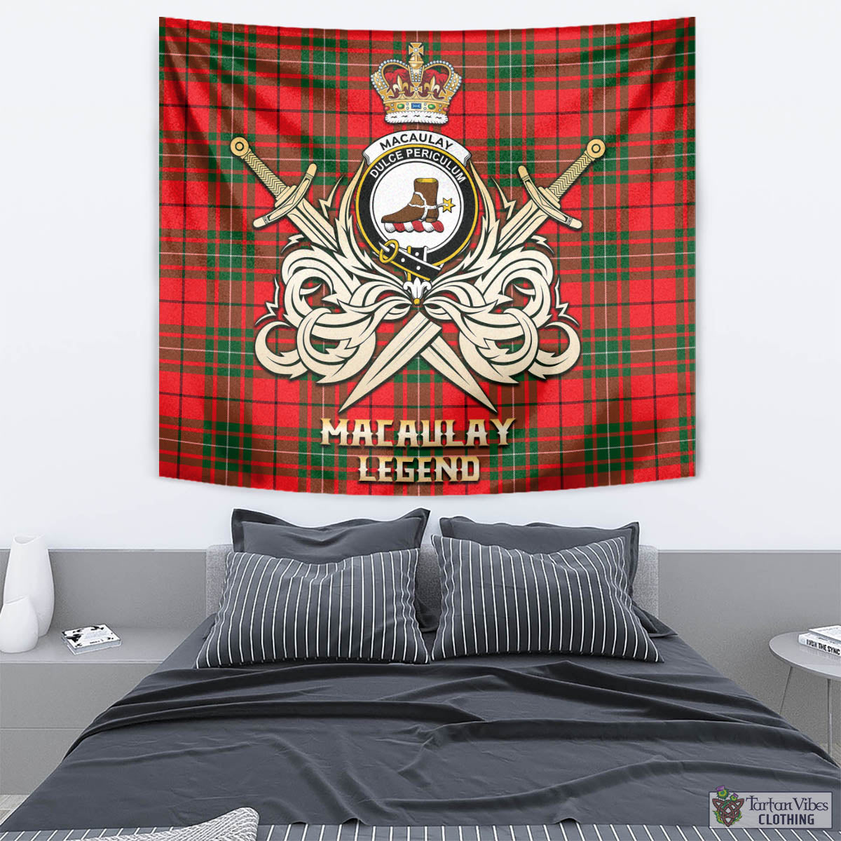 Tartan Vibes Clothing MacAulay Modern Tartan Tapestry with Clan Crest and the Golden Sword of Courageous Legacy