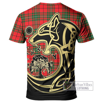 MacAulay Modern Tartan T-Shirt with Family Crest Celtic Wolf Style