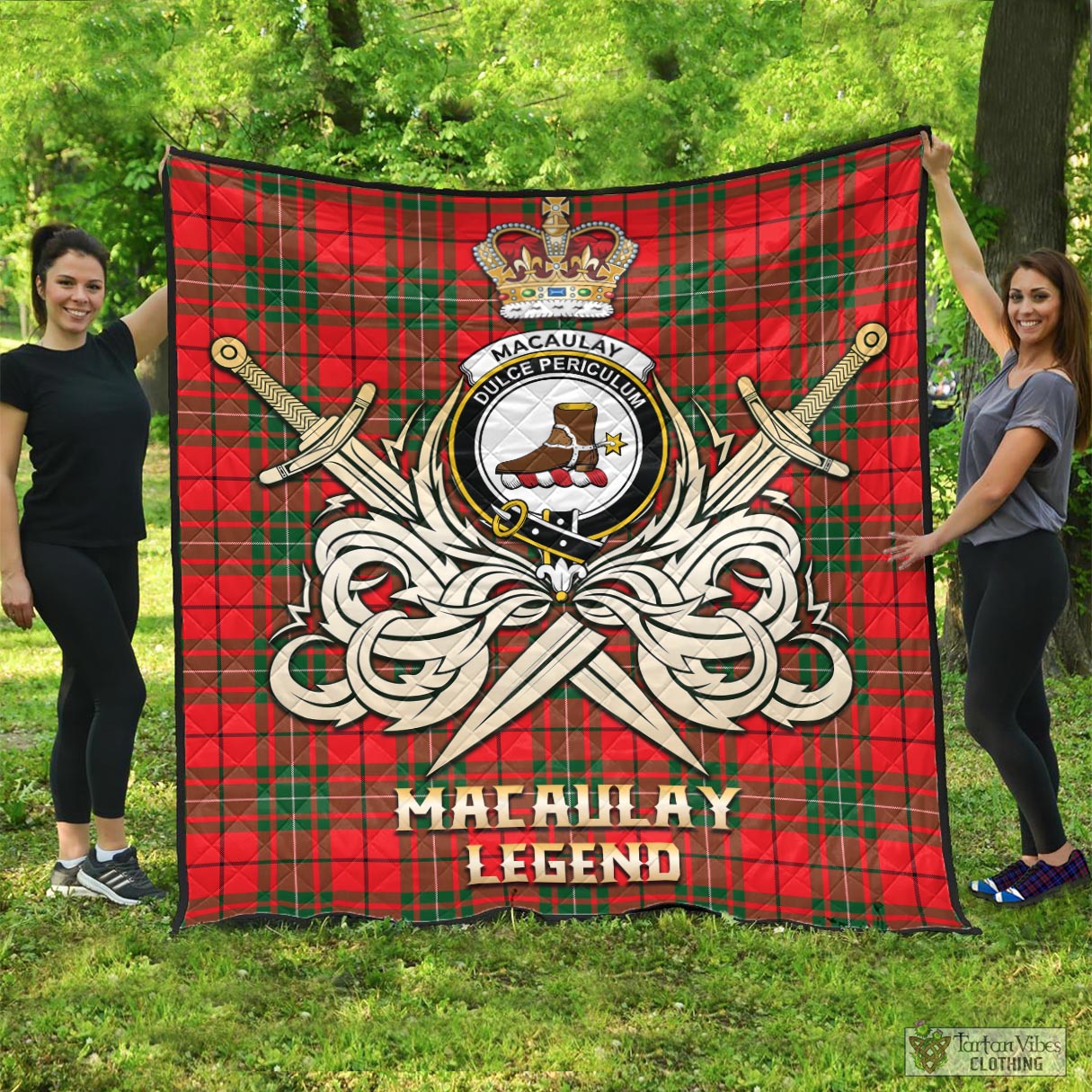 Tartan Vibes Clothing MacAulay Modern Tartan Quilt with Clan Crest and the Golden Sword of Courageous Legacy