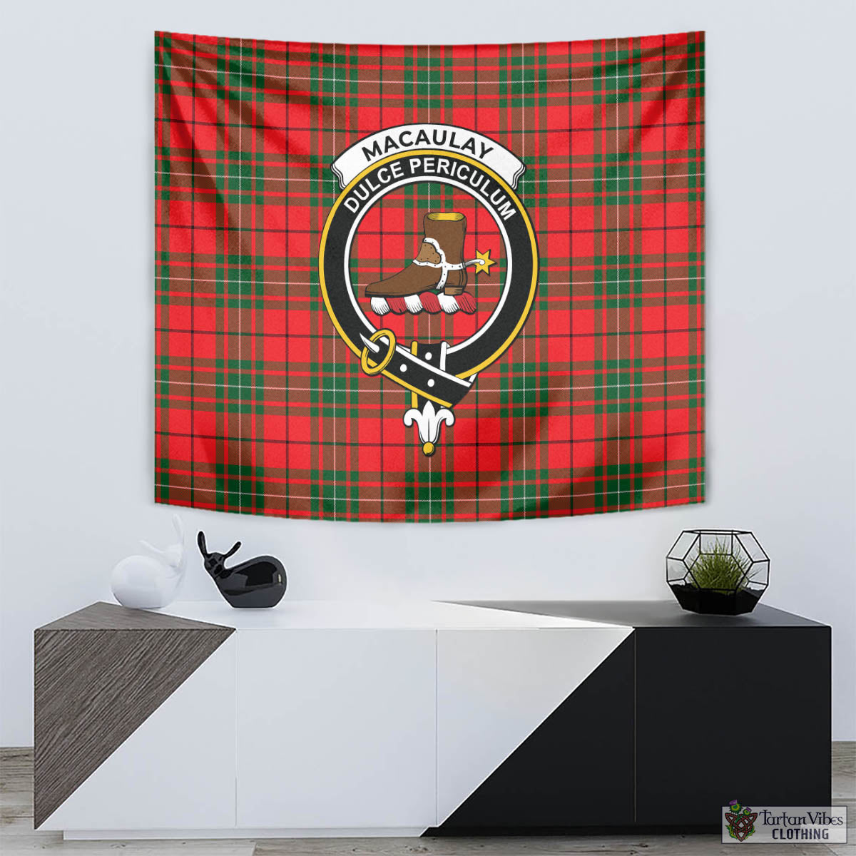 Tartan Vibes Clothing MacAulay Modern Tartan Tapestry Wall Hanging and Home Decor for Room with Family Crest