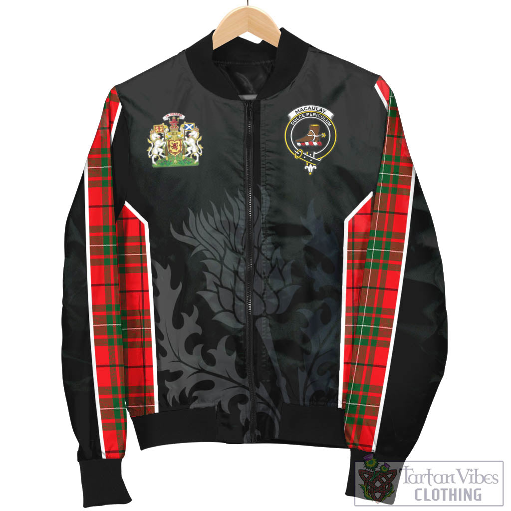 Tartan Vibes Clothing MacAulay Modern Tartan Bomber Jacket with Family Crest and Scottish Thistle Vibes Sport Style