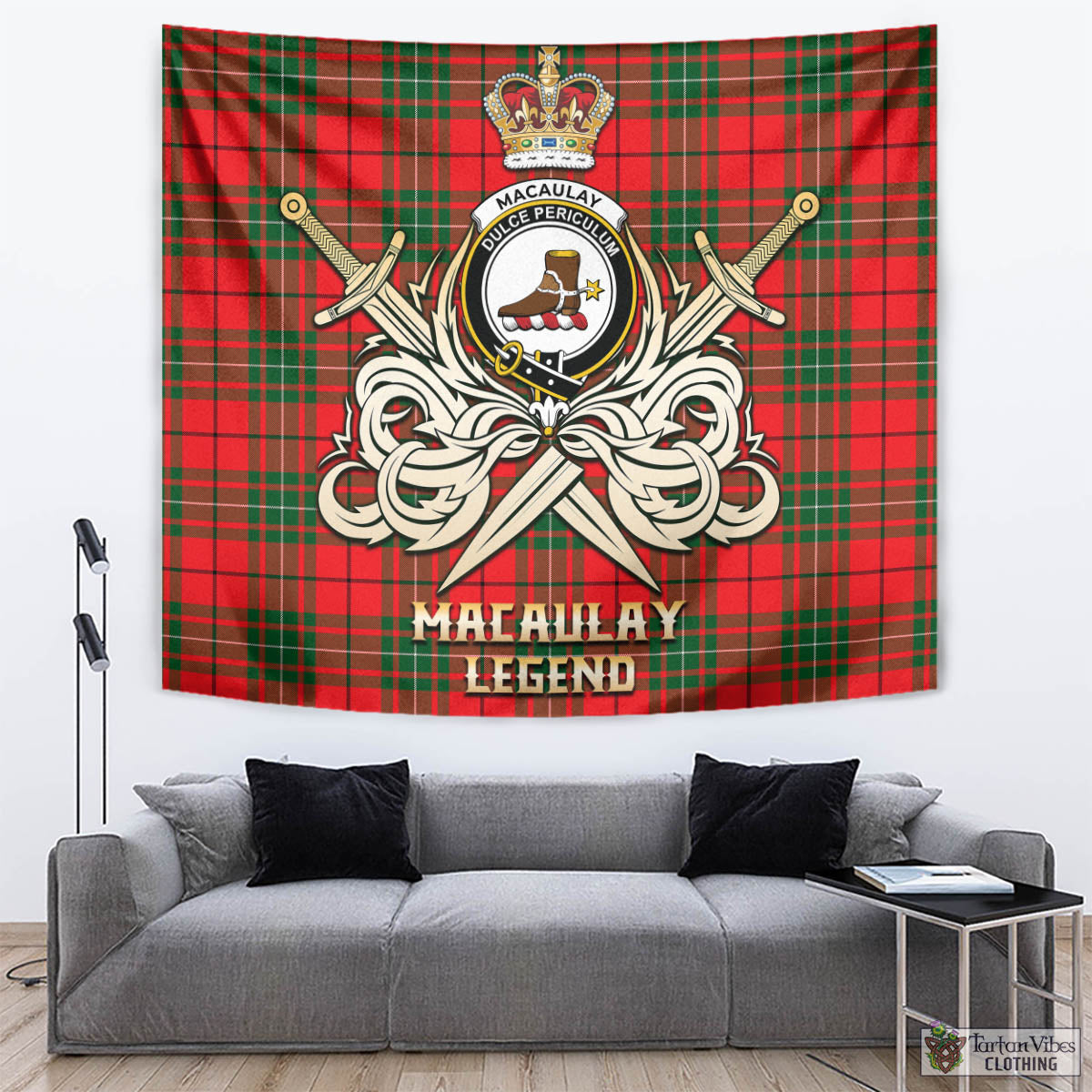 Tartan Vibes Clothing MacAulay Modern Tartan Tapestry with Clan Crest and the Golden Sword of Courageous Legacy