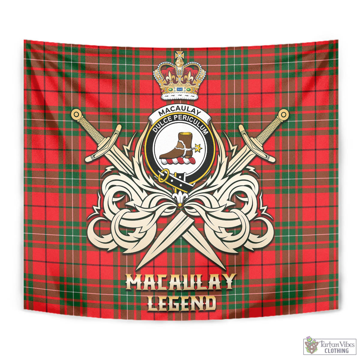 Tartan Vibes Clothing MacAulay Modern Tartan Tapestry with Clan Crest and the Golden Sword of Courageous Legacy