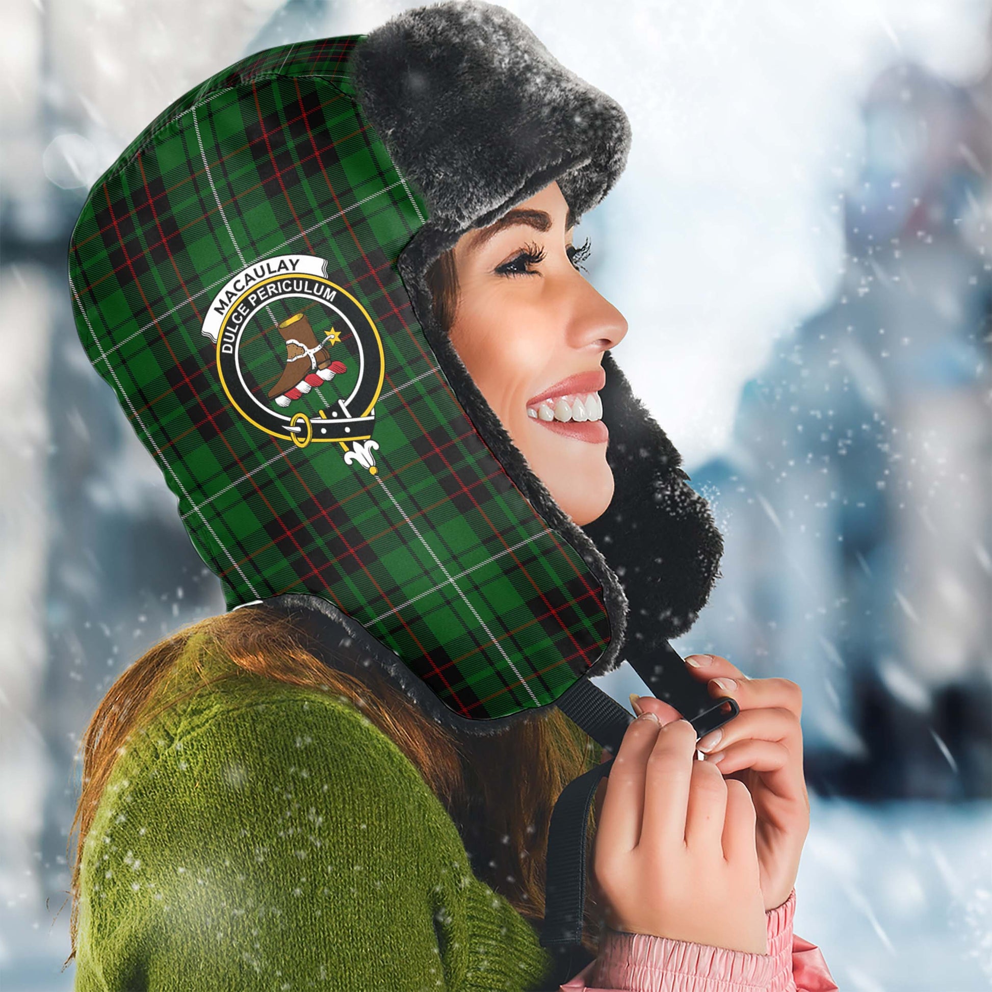 MacAulay of Lewis Tartan Winter Trapper Hat with Family Crest Winter Trapper Hat Universal Fit Circumference 22.8in (58cm) - Tartanvibesclothing