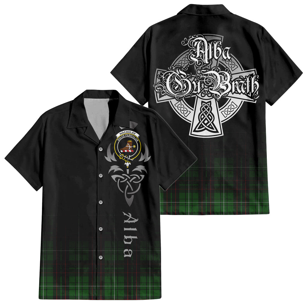 Tartan Vibes Clothing MacAulay of Lewis Tartan Short Sleeve Button Up Featuring Alba Gu Brath Family Crest Celtic Inspired