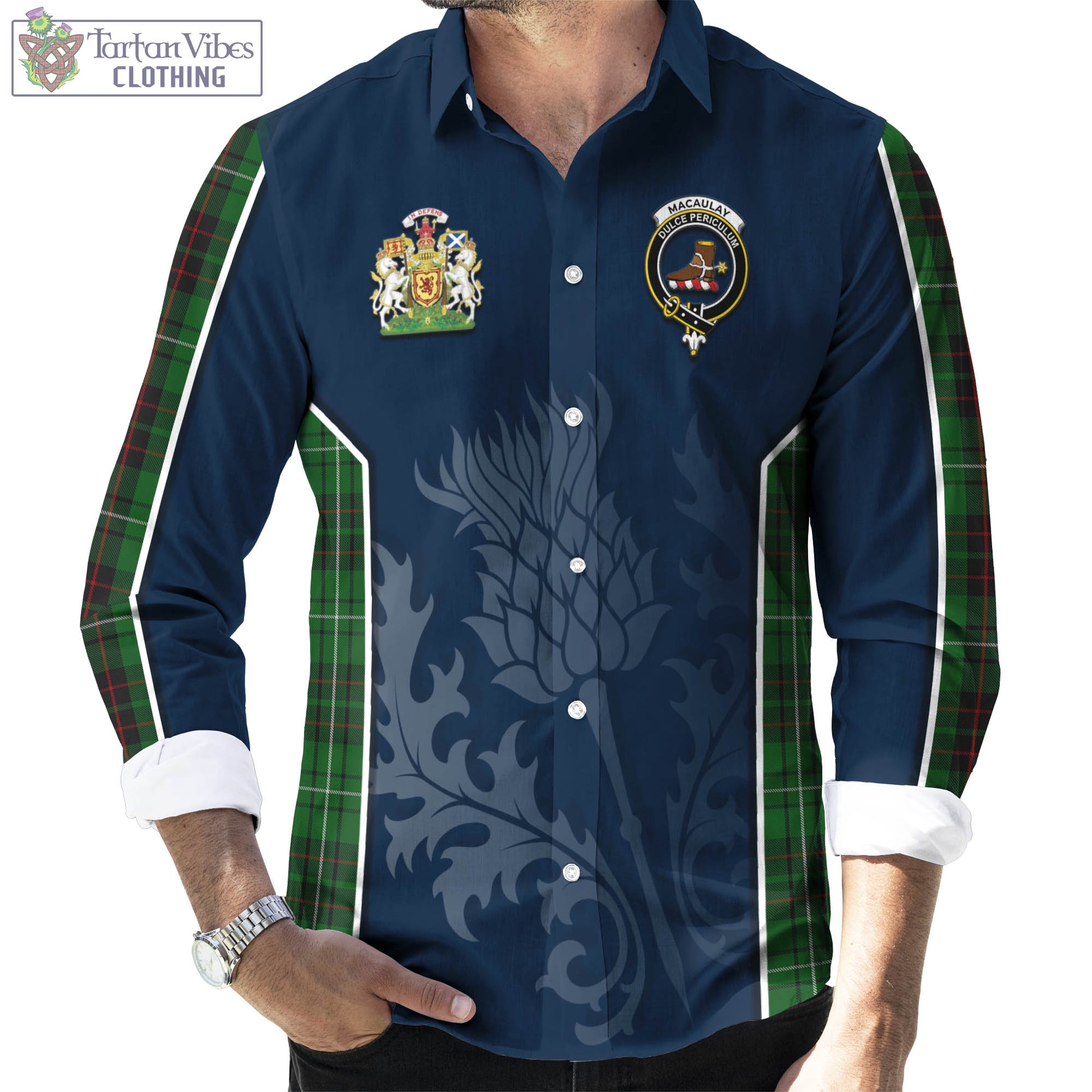 Tartan Vibes Clothing MacAulay of Lewis Tartan Long Sleeve Button Up Shirt with Family Crest and Scottish Thistle Vibes Sport Style