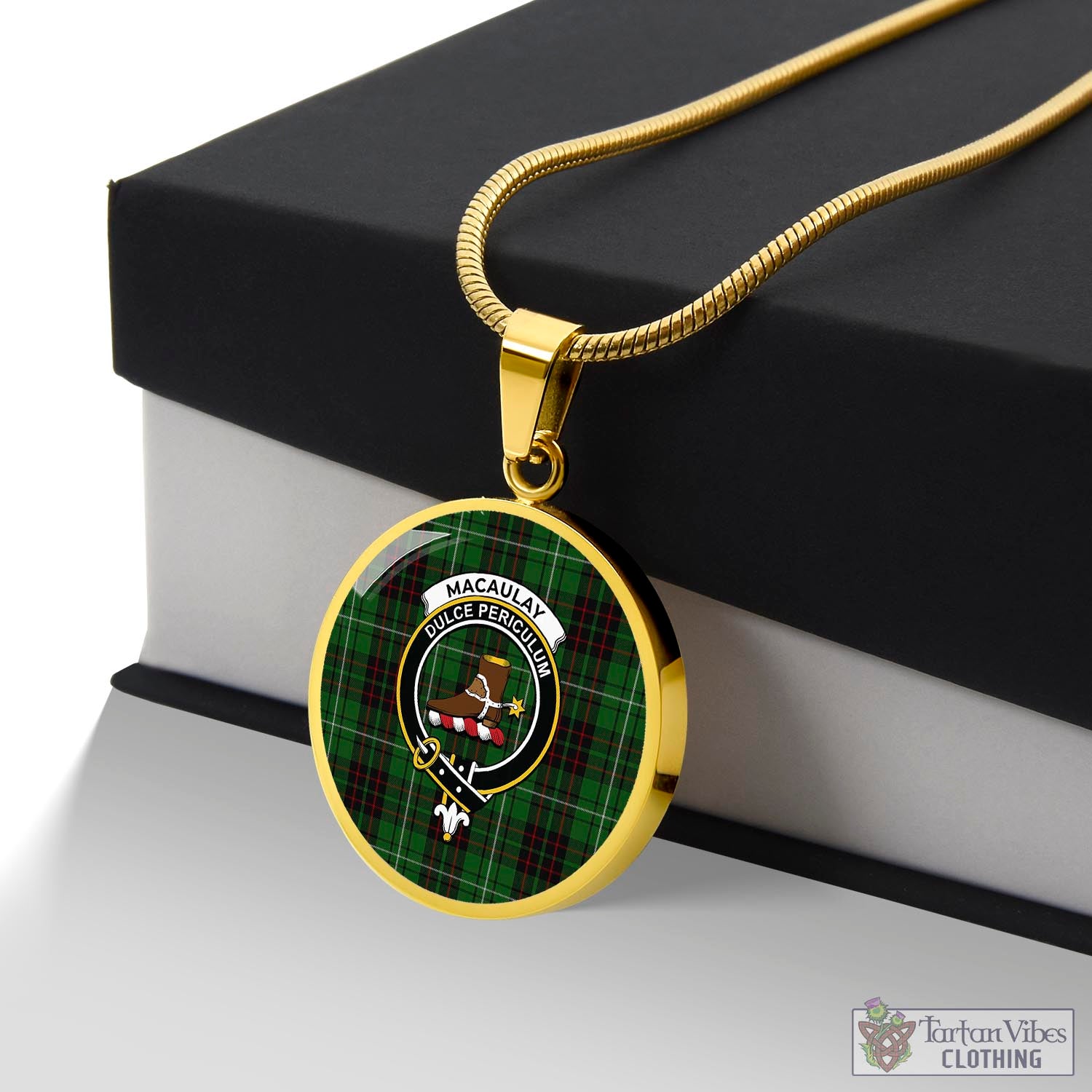 Tartan Vibes Clothing MacAulay of Lewis Tartan Circle Necklace with Family Crest