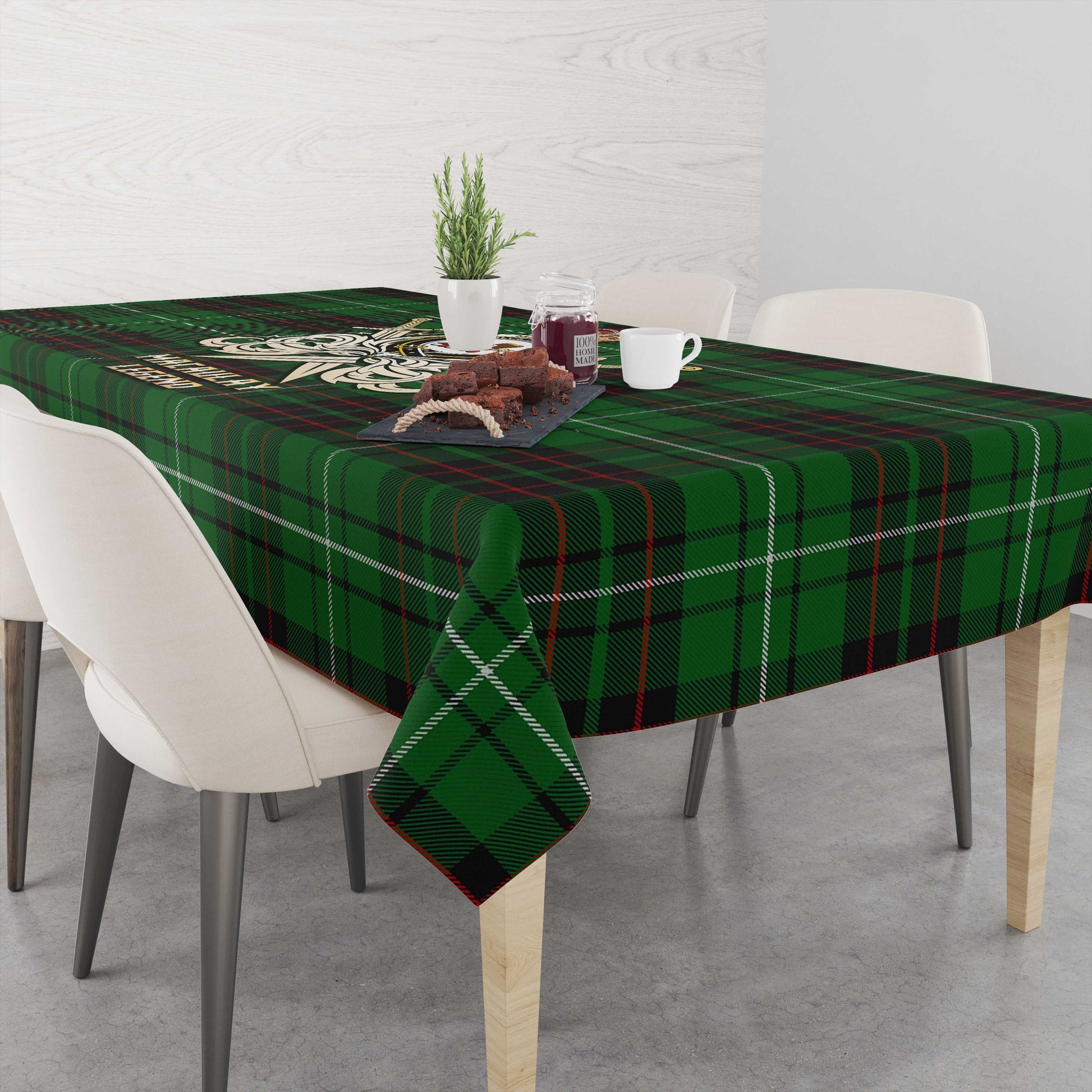 Tartan Vibes Clothing MacAulay of Lewis Tartan Tablecloth with Clan Crest and the Golden Sword of Courageous Legacy