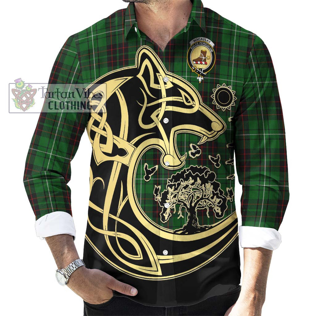 MacAulay of Lewis Tartan Long Sleeve Button Shirt with Family Crest Celtic Wolf Style - Tartan Vibes Clothing