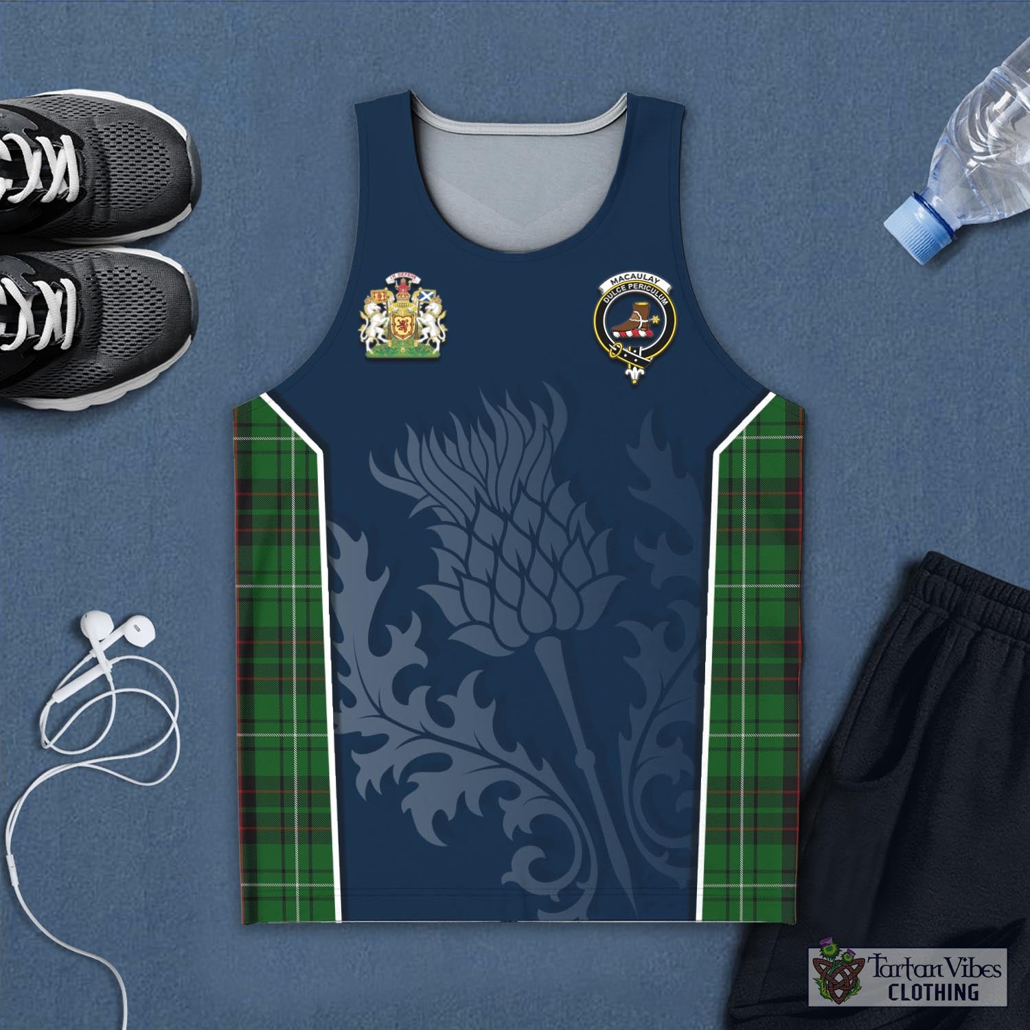 Tartan Vibes Clothing MacAulay of Lewis Tartan Men's Tanks Top with Family Crest and Scottish Thistle Vibes Sport Style