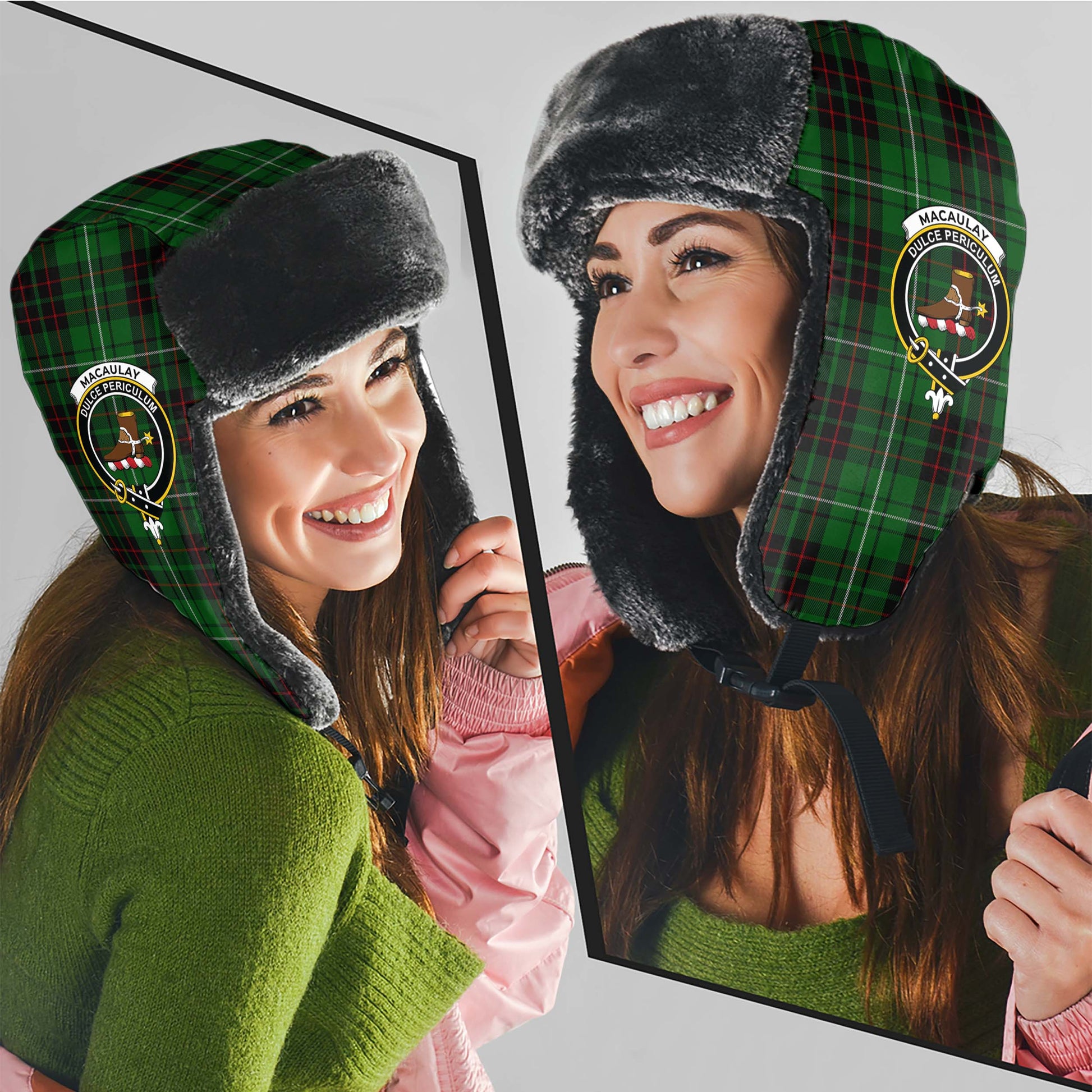 MacAulay of Lewis Tartan Winter Trapper Hat with Family Crest - Tartanvibesclothing