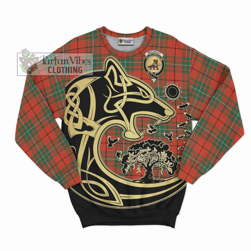 MacAuley Ancient Tartan Sweatshirt with Family Crest Celtic Wolf Style - Tartan Vibes Clothing