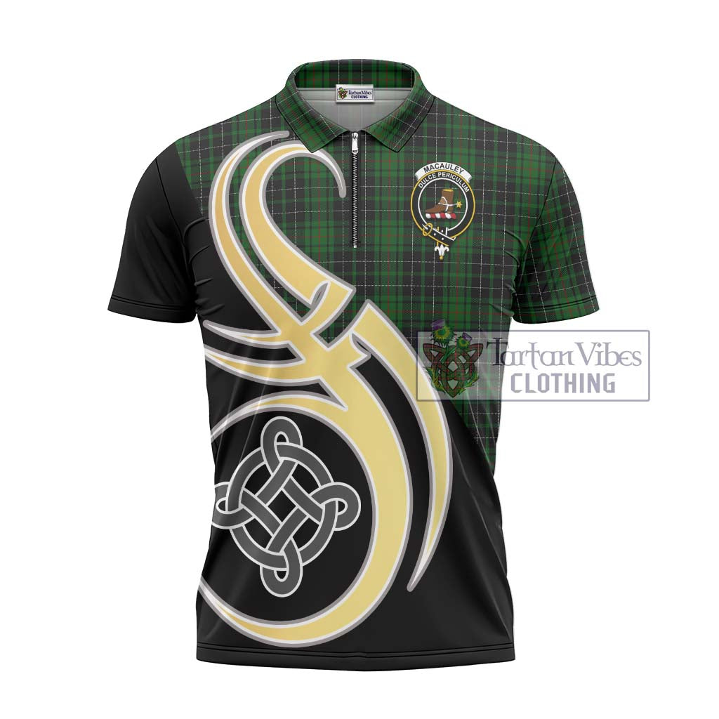 Tartan Vibes Clothing MacAuley Hunting Tartan Zipper Polo Shirt with Family Crest and Celtic Symbol Style