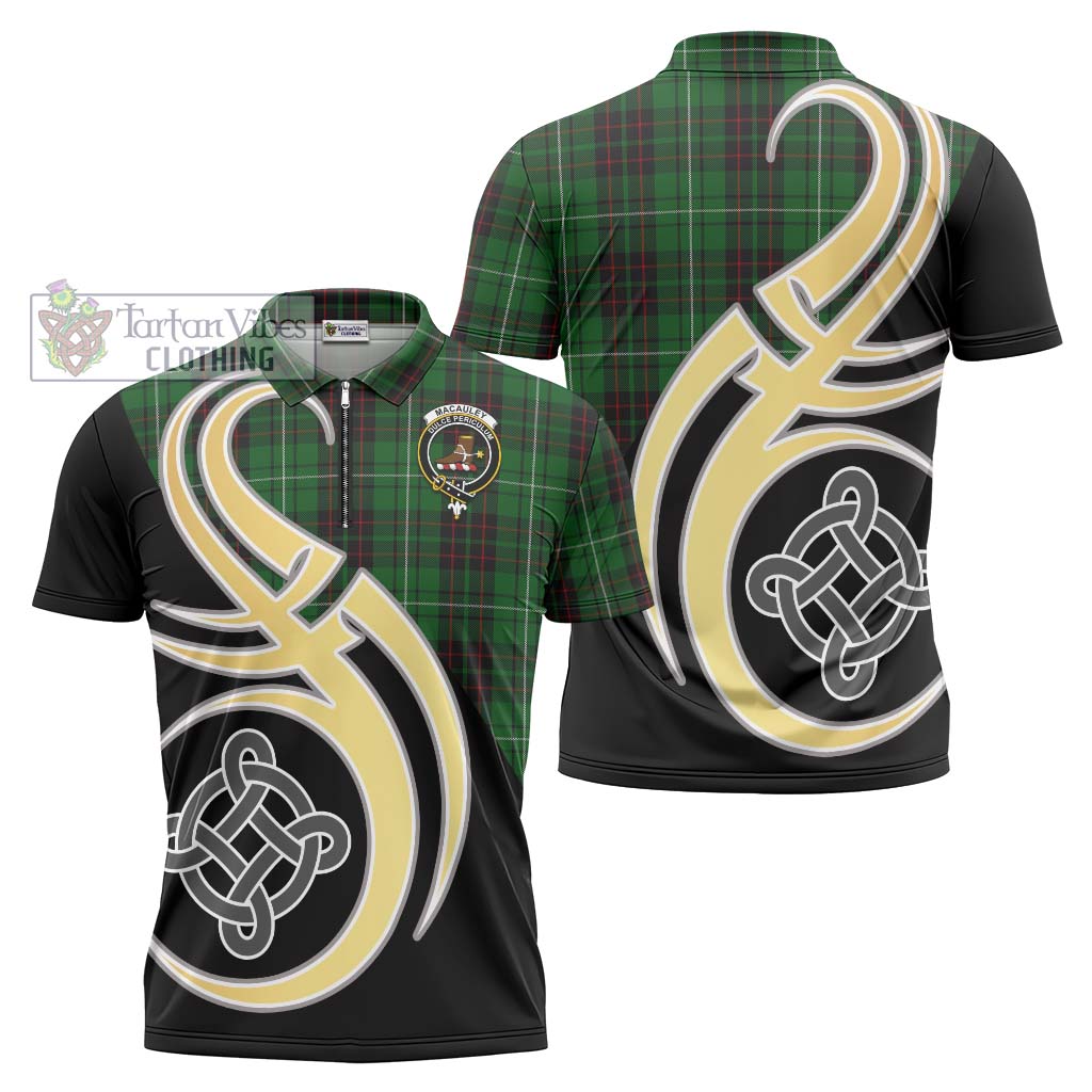 Tartan Vibes Clothing MacAuley of Lewis Tartan Zipper Polo Shirt with Family Crest and Celtic Symbol Style