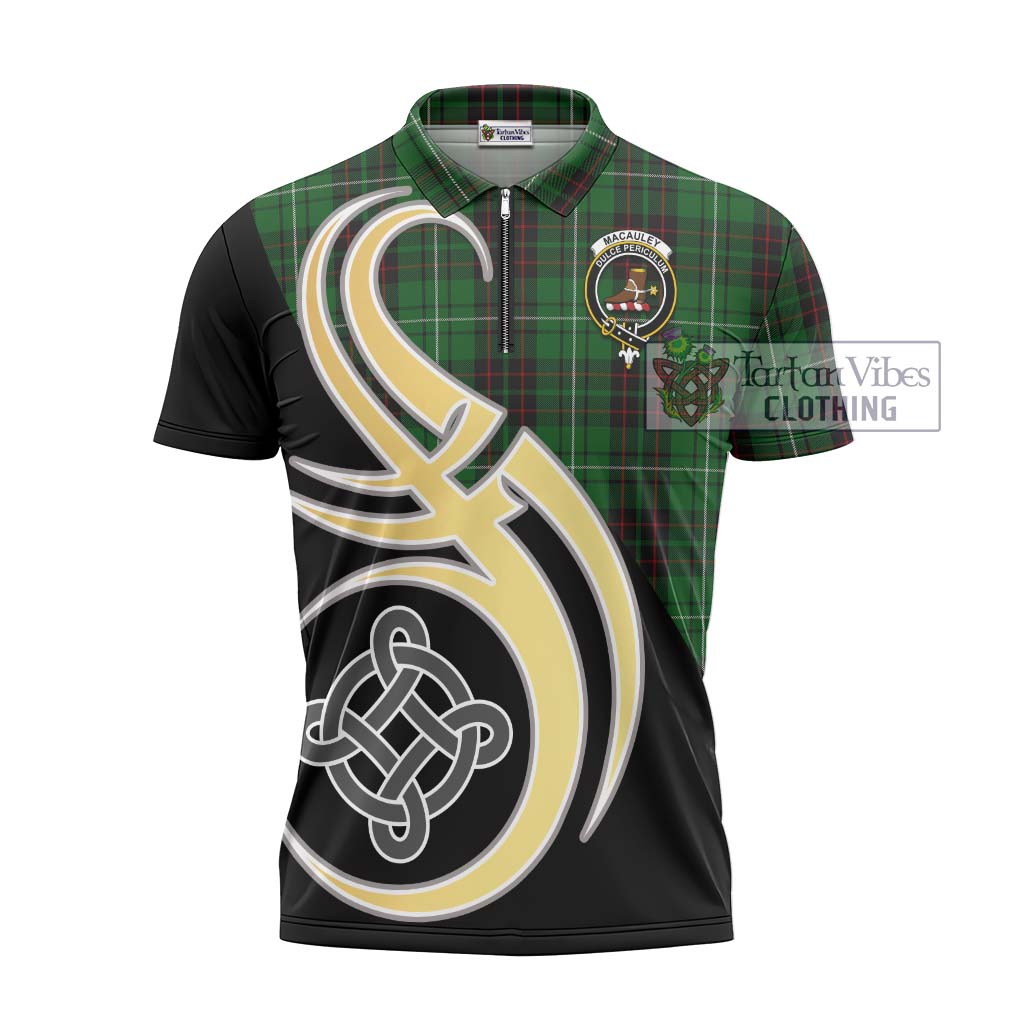 Tartan Vibes Clothing MacAuley of Lewis Tartan Zipper Polo Shirt with Family Crest and Celtic Symbol Style