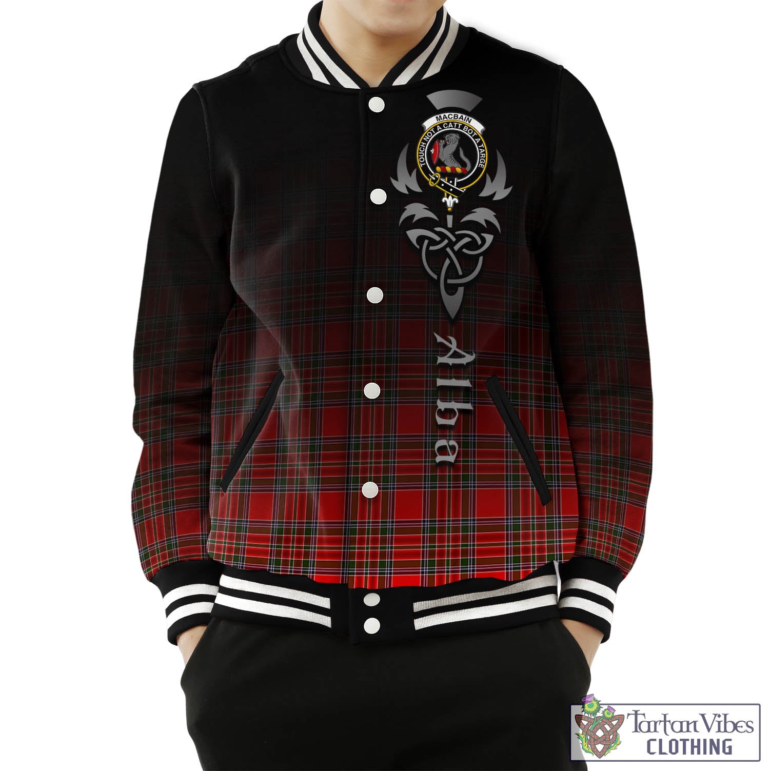 Tartan Vibes Clothing MacBain Tartan Baseball Jacket Featuring Alba Gu Brath Family Crest Celtic Inspired