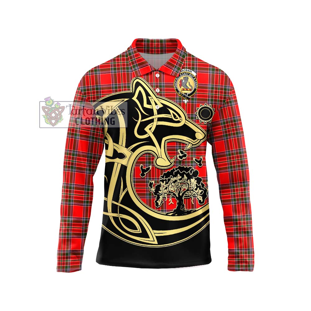 MacBain Tartan Long Sleeve Polo Shirt with Family Crest Celtic Wolf Style Unisex - Tartanvibesclothing Shop