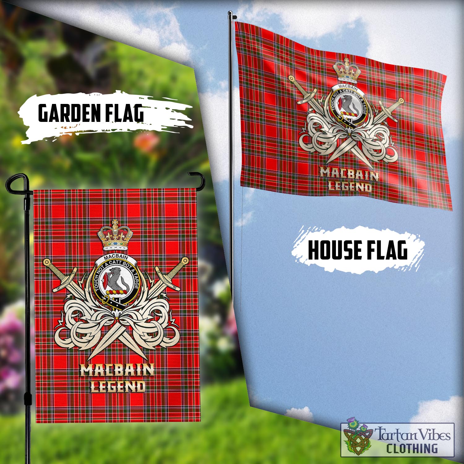 Tartan Vibes Clothing MacBain Tartan Flag with Clan Crest and the Golden Sword of Courageous Legacy