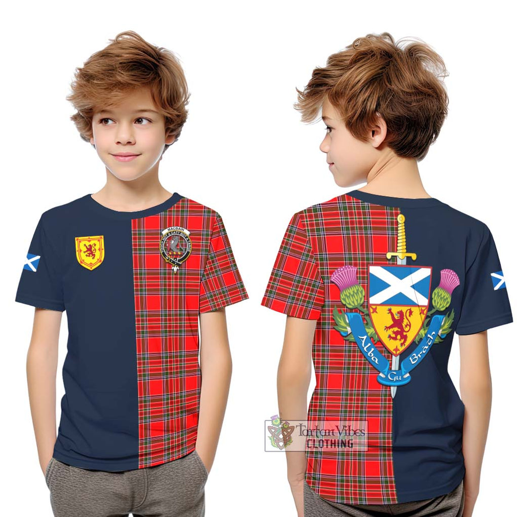 Tartan Vibes Clothing MacBain Tartan Kid T-Shirt with Scottish Lion Royal Arm Half Style