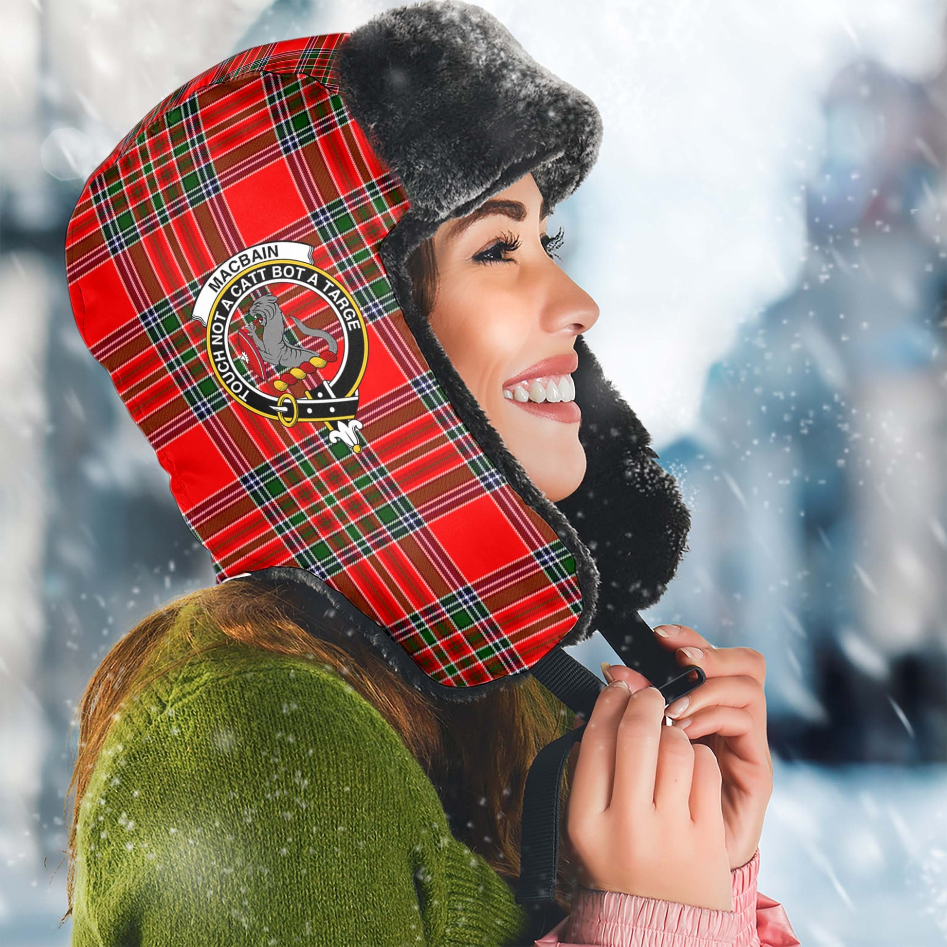 MacBain Tartan Winter Trapper Hat with Family Crest Winter Trapper Hat Universal Fit Circumference 22.8in (58cm) - Tartanvibesclothing