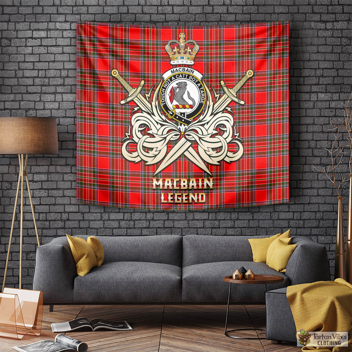 Tartan Vibes Clothing MacBain Tartan Tapestry with Clan Crest and the Golden Sword of Courageous Legacy