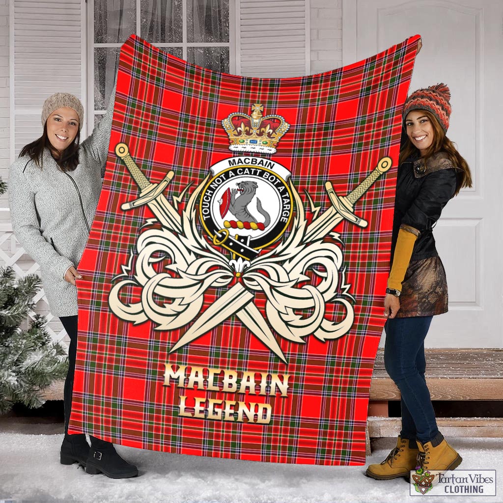 Tartan Vibes Clothing MacBain Tartan Blanket with Clan Crest and the Golden Sword of Courageous Legacy