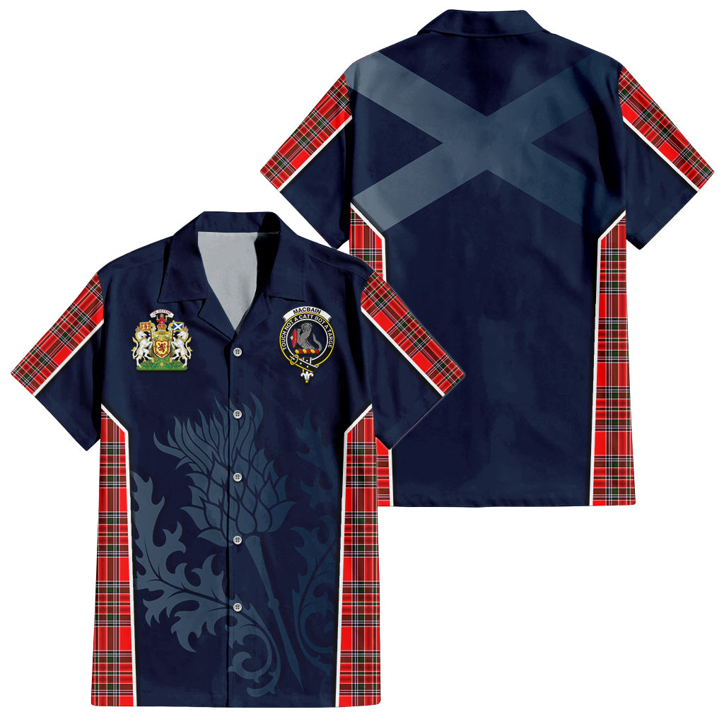 Tartan Vibes Clothing MacBain Tartan Short Sleeve Button Up Shirt with Family Crest and Scottish Thistle Vibes Sport Style