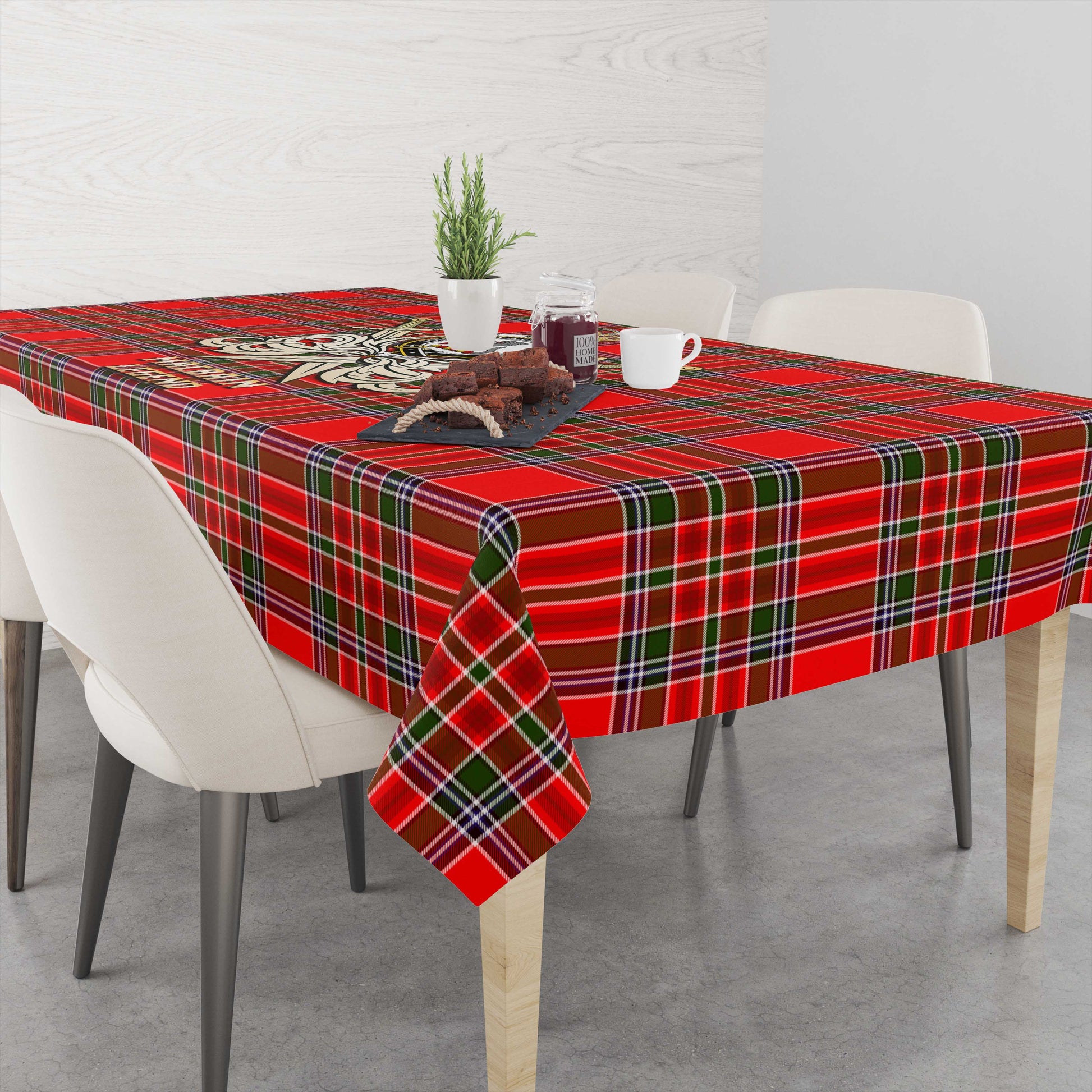 Tartan Vibes Clothing MacBain Tartan Tablecloth with Clan Crest and the Golden Sword of Courageous Legacy