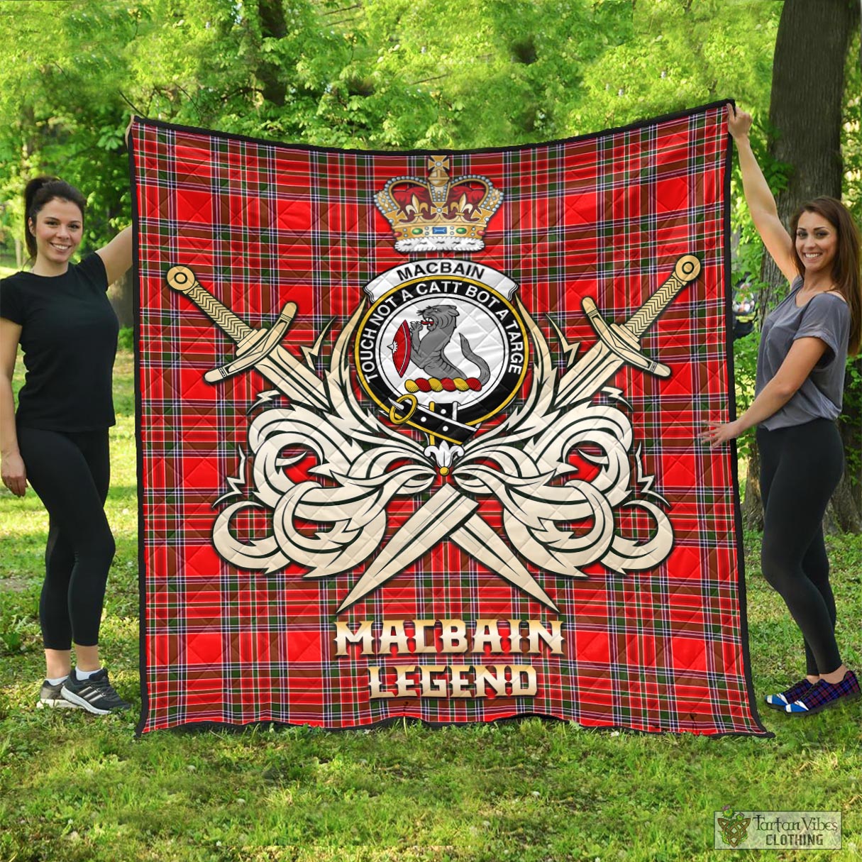 Tartan Vibes Clothing MacBain Tartan Quilt with Clan Crest and the Golden Sword of Courageous Legacy