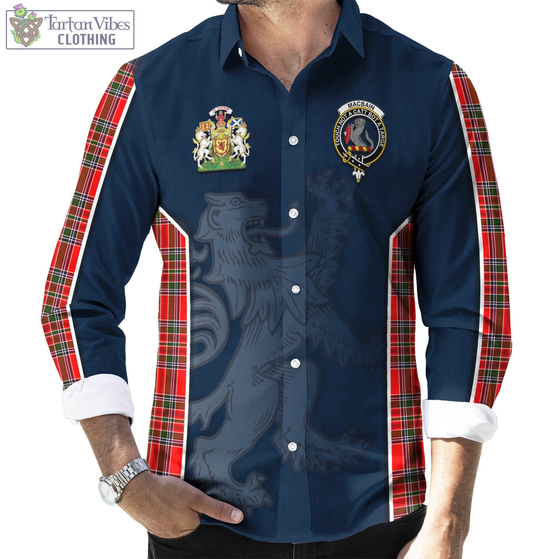 Tartan Vibes Clothing MacBain Tartan Long Sleeve Button Up Shirt with Family Crest and Lion Rampant Vibes Sport Style