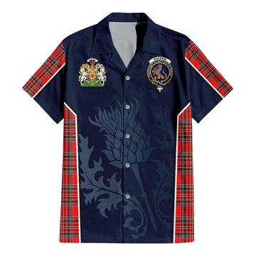 MacBain Tartan Short Sleeve Button Up Shirt with Family Crest and Scottish Thistle Vibes Sport Style