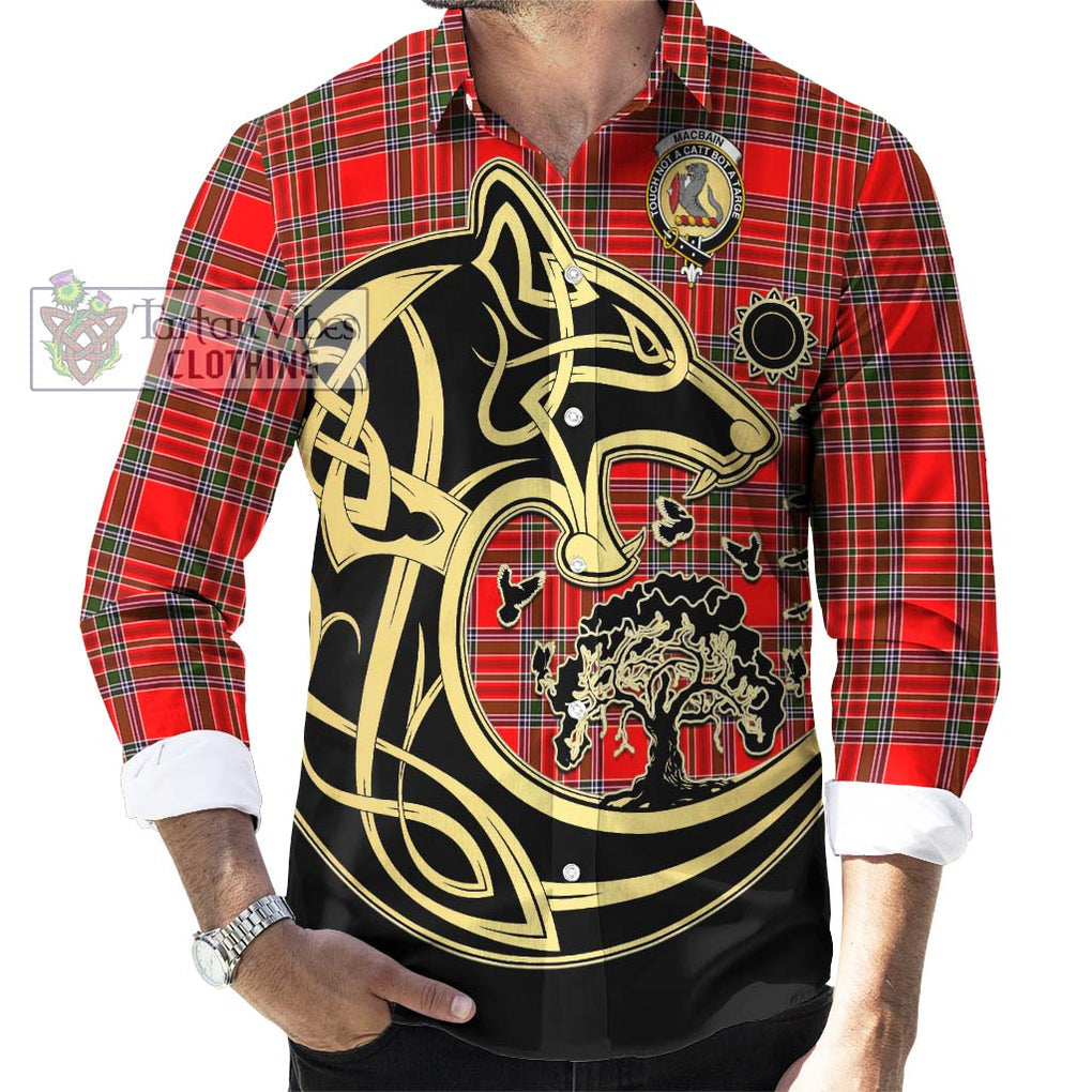 MacBain Tartan Long Sleeve Button Shirt with Family Crest Celtic Wolf Style - Tartan Vibes Clothing