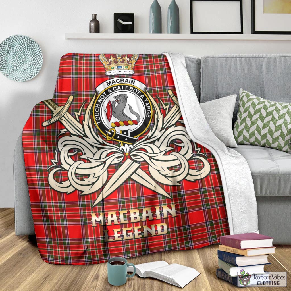 Tartan Vibes Clothing MacBain Tartan Blanket with Clan Crest and the Golden Sword of Courageous Legacy