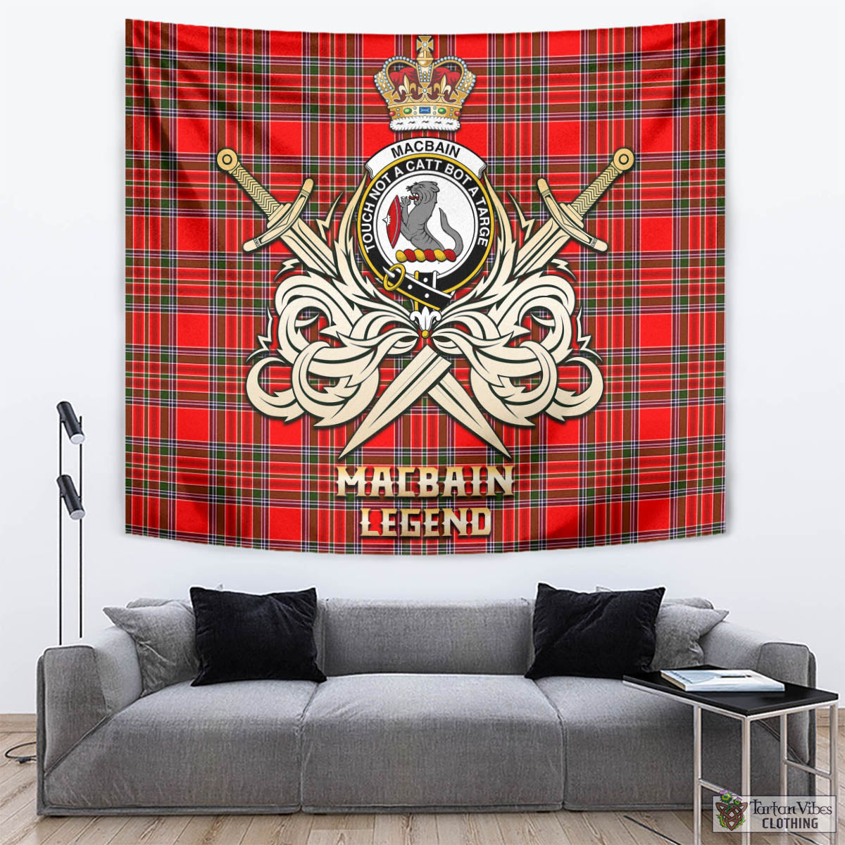 Tartan Vibes Clothing MacBain Tartan Tapestry with Clan Crest and the Golden Sword of Courageous Legacy