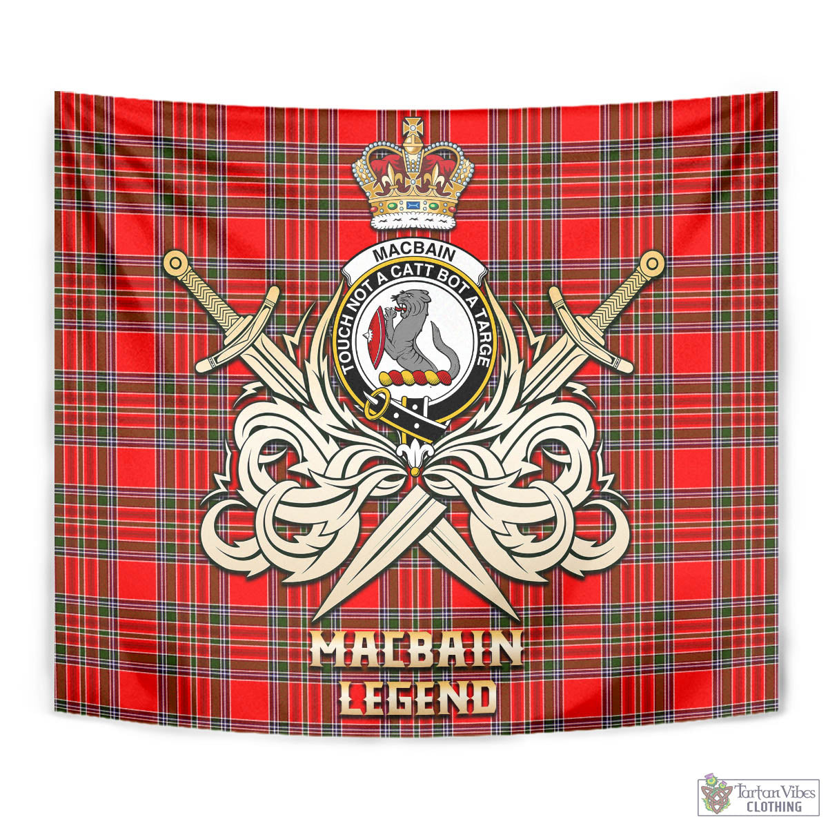 Tartan Vibes Clothing MacBain Tartan Tapestry with Clan Crest and the Golden Sword of Courageous Legacy