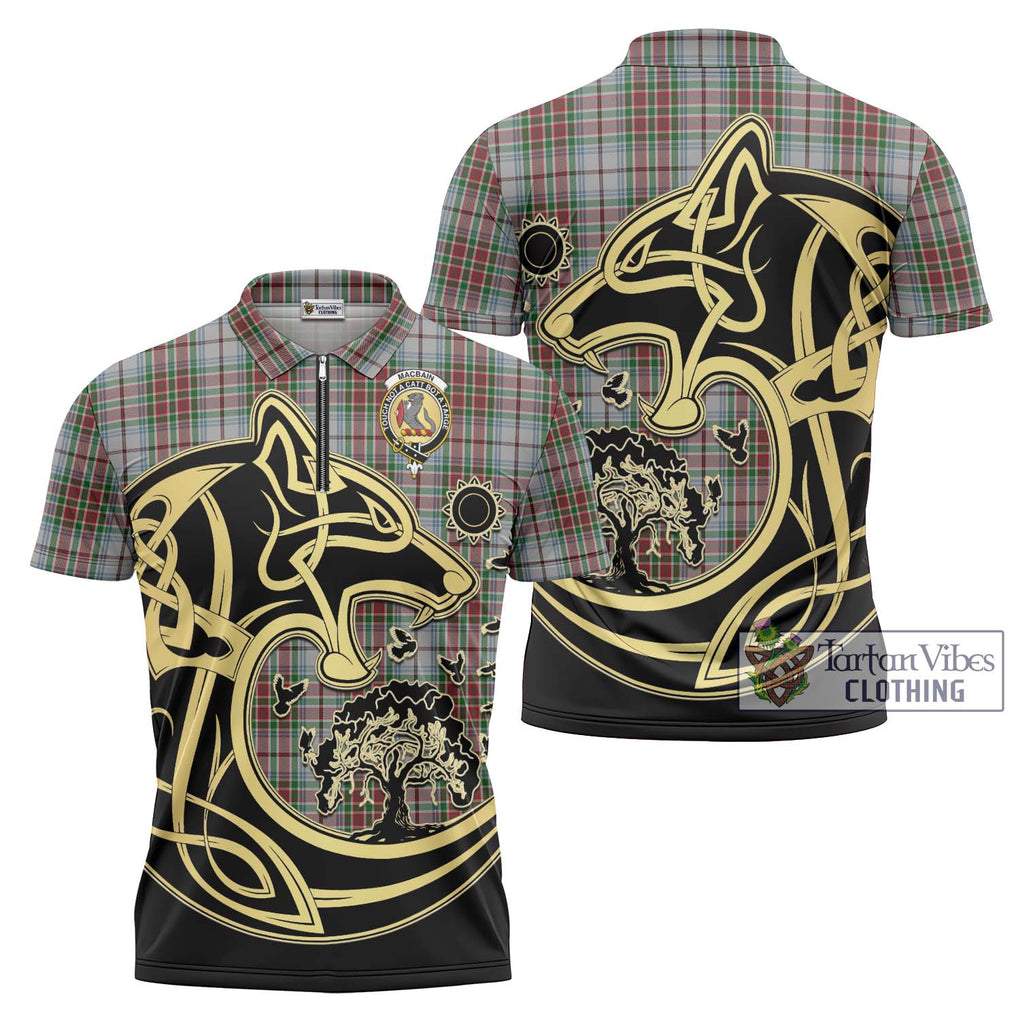 MacBain Dress Tartan Zipper Polo Shirt with Family Crest Celtic Wolf Style Unisex - Tartanvibesclothing Shop