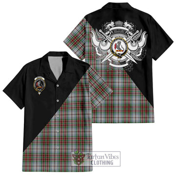 MacBain Dress Tartan Short Sleeve Button Shirt with Family Crest and Military Logo Style