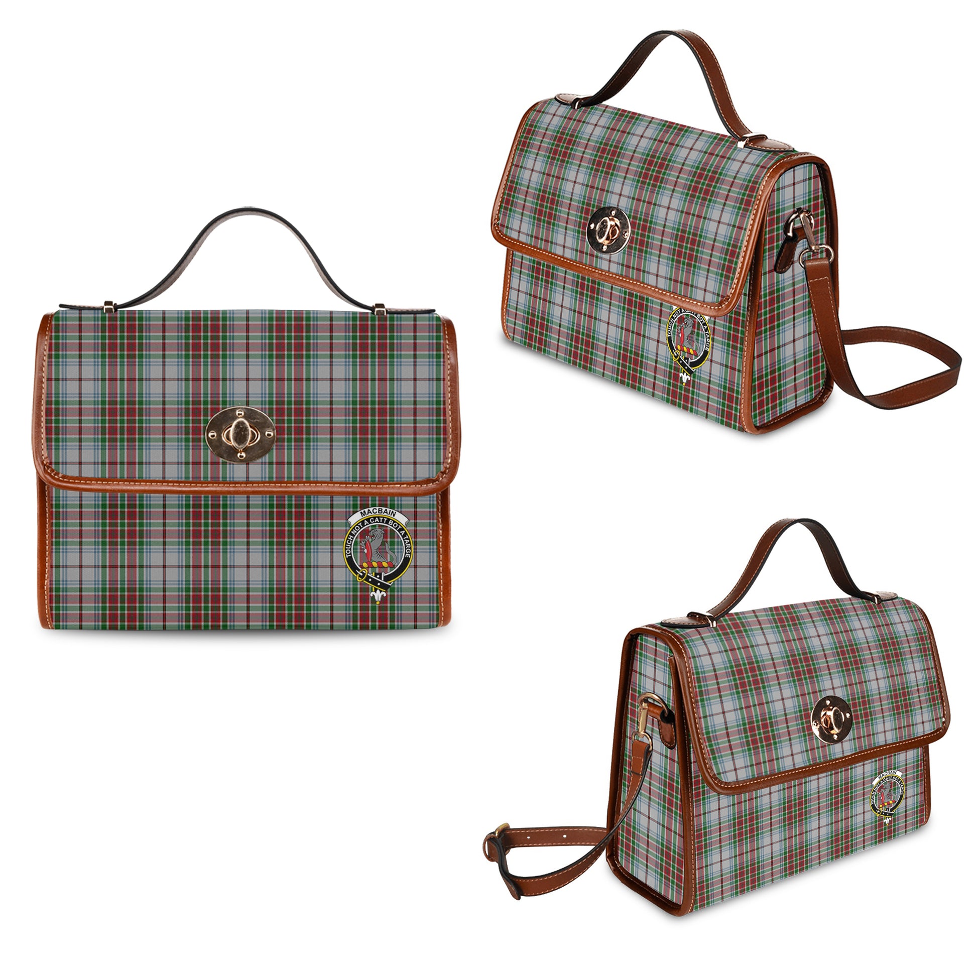 macbain-dress-tartan-leather-strap-waterproof-canvas-bag-with-family-crest