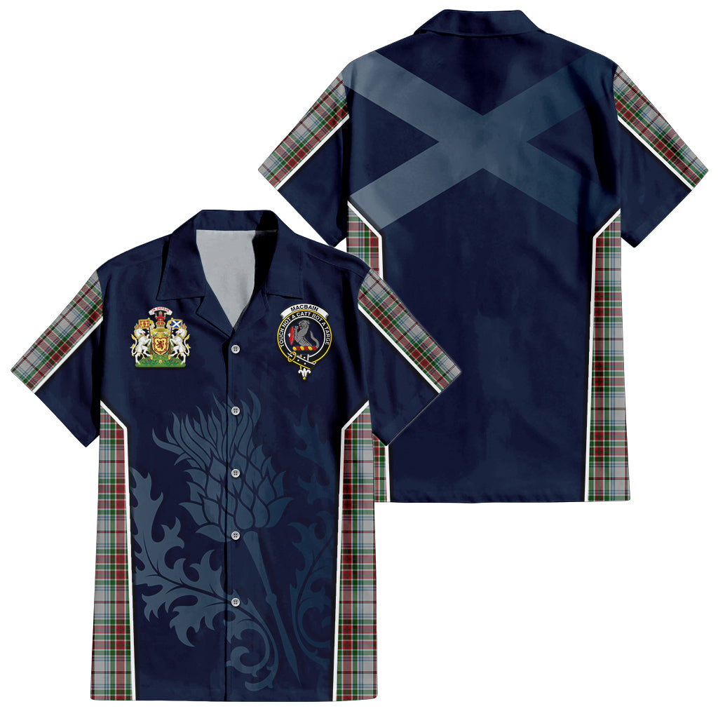 Tartan Vibes Clothing MacBain Dress Tartan Short Sleeve Button Up Shirt with Family Crest and Scottish Thistle Vibes Sport Style