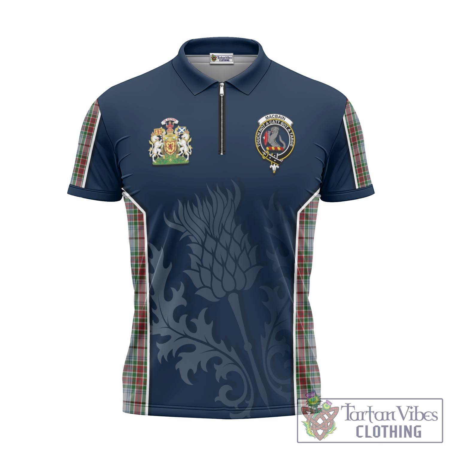 Tartan Vibes Clothing MacBain Dress Tartan Zipper Polo Shirt with Family Crest and Scottish Thistle Vibes Sport Style