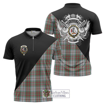 MacBain Dress Tartan Zipper Polo Shirt with Family Crest and Military Logo Style