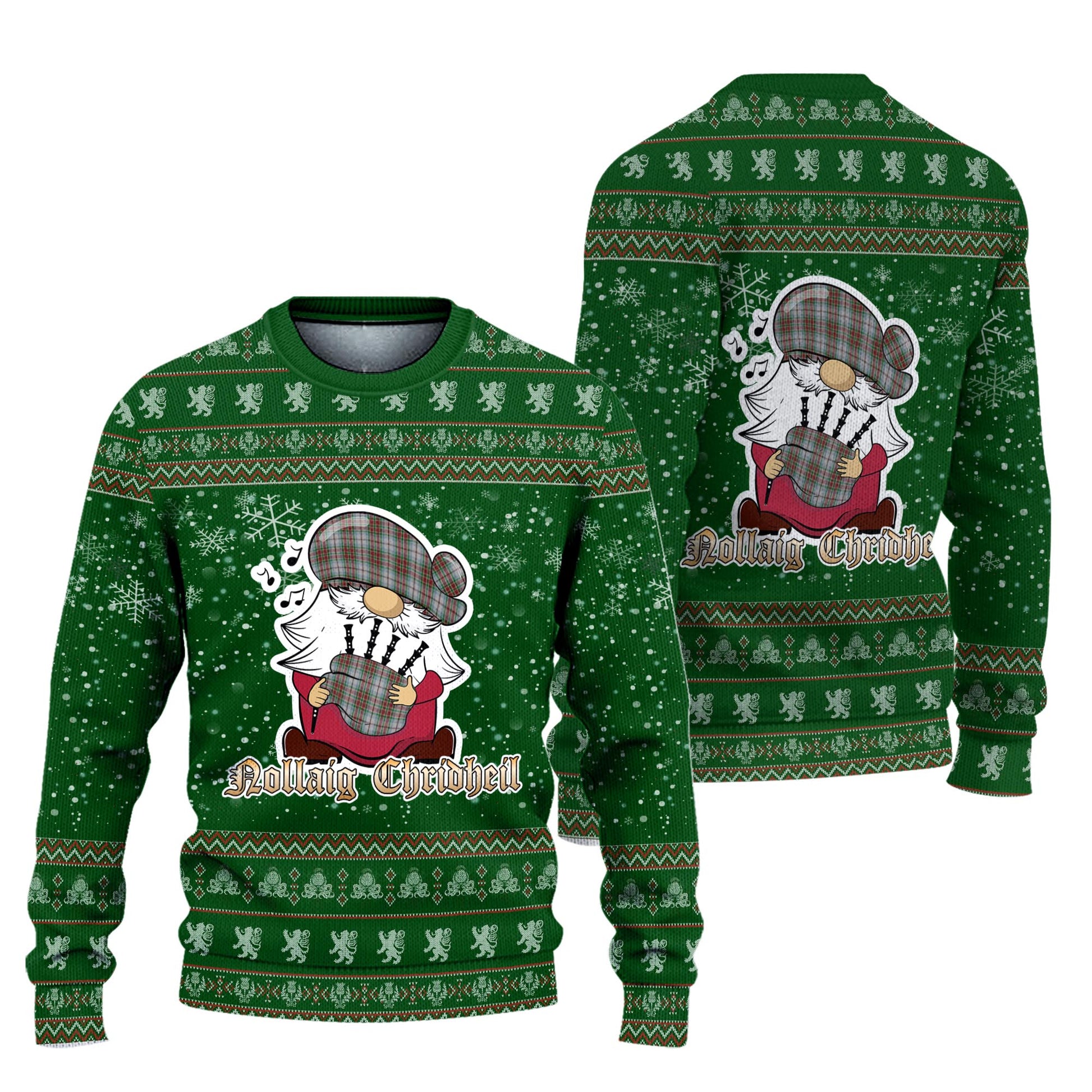 MacBain Dress Clan Christmas Family Knitted Sweater with Funny Gnome Playing Bagpipes Unisex Green - Tartanvibesclothing