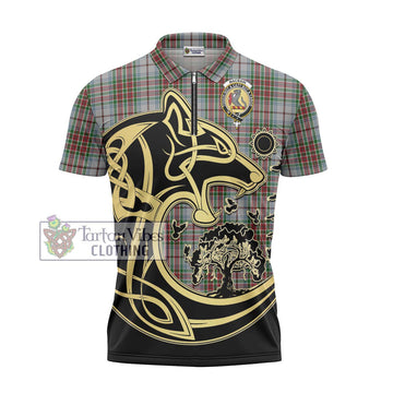 MacBain Dress Tartan Zipper Polo Shirt with Family Crest Celtic Wolf Style