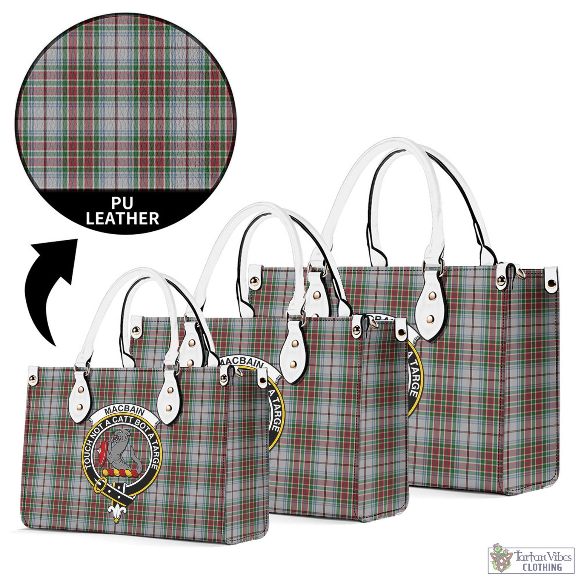 Tartan Vibes Clothing MacBain Dress Tartan Luxury Leather Handbags with Family Crest