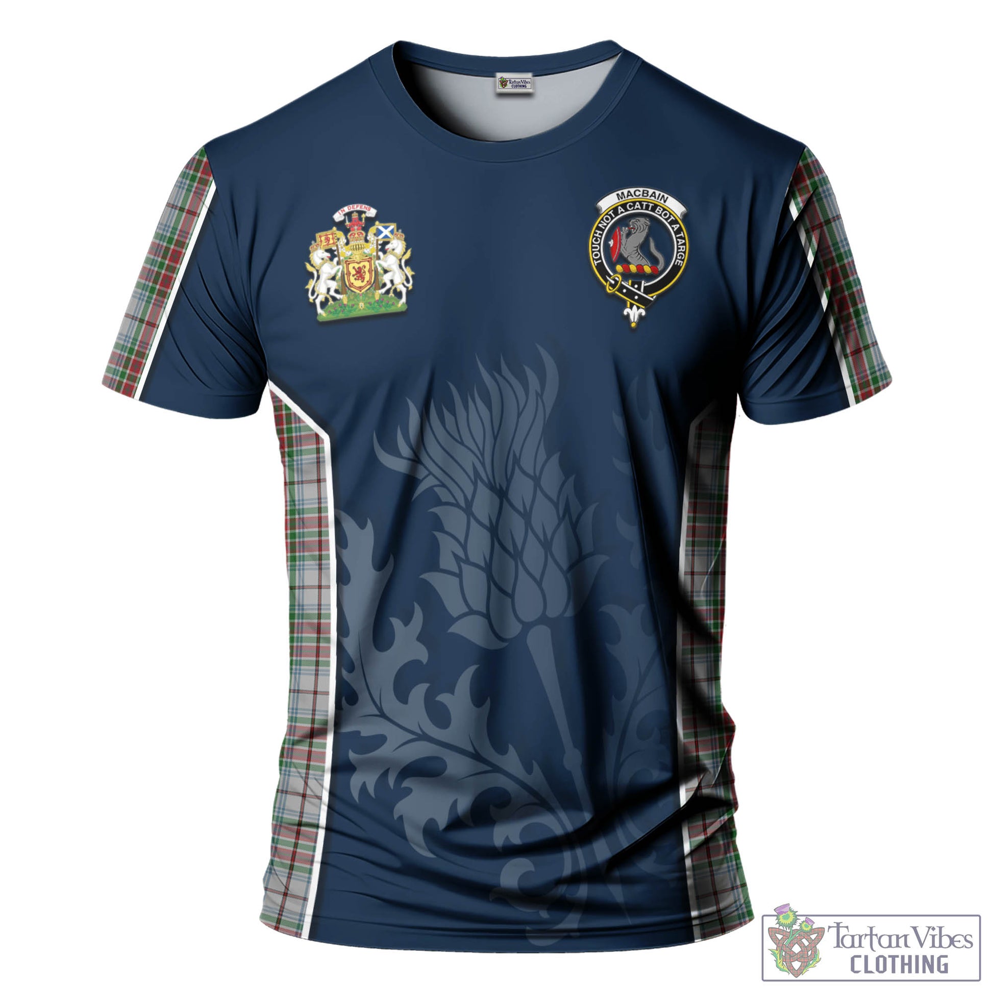 Tartan Vibes Clothing MacBain Dress Tartan T-Shirt with Family Crest and Scottish Thistle Vibes Sport Style