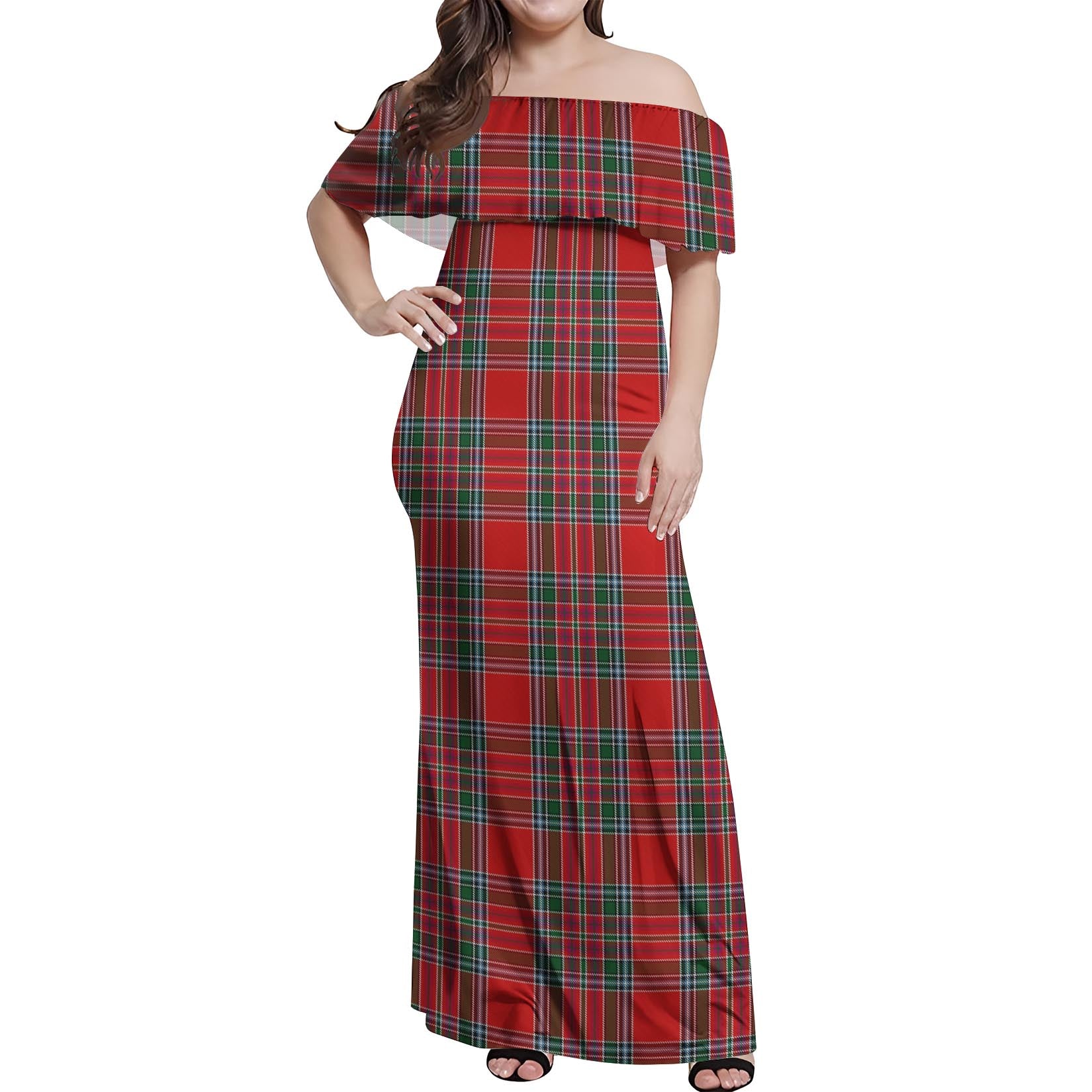 MacBean Tartan Off Shoulder Long Dress Women's Dress - Tartanvibesclothing