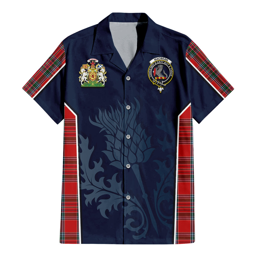 Tartan Vibes Clothing MacBean Tartan Short Sleeve Button Up Shirt with Family Crest and Scottish Thistle Vibes Sport Style