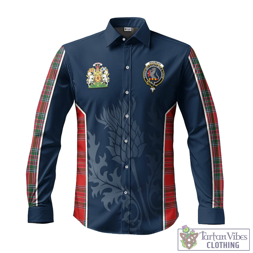 Tartan Vibes Clothing MacBean Tartan Long Sleeve Button Up Shirt with Family Crest and Scottish Thistle Vibes Sport Style