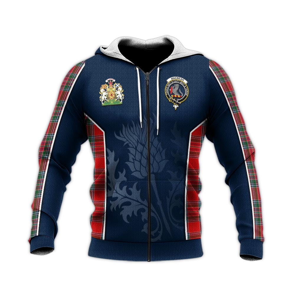 Tartan Vibes Clothing MacBean Tartan Knitted Hoodie with Family Crest and Scottish Thistle Vibes Sport Style